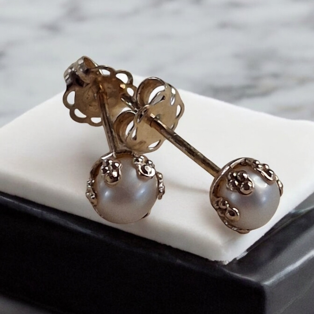 Vintage Diminutive 14k 585 Yellow Gold & Pearl Stud Earrings - Picture 8 of 14